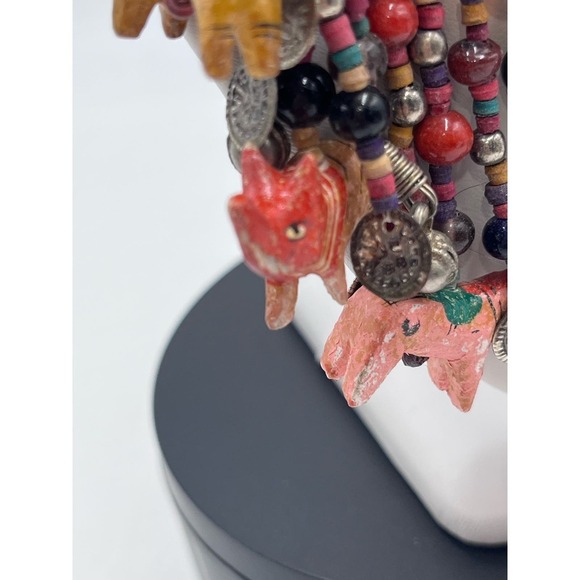 AFRICAN Glass Bead and Carved Animal Dangle Fringe Multicolor Statement Necklace - Picture 9 of 16